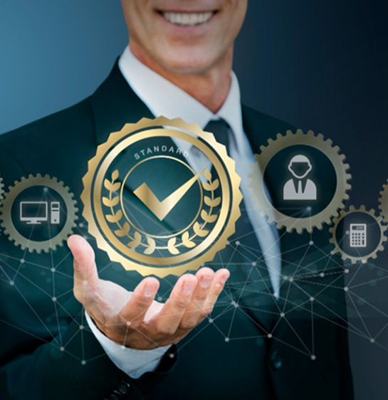 A confident leader holding a certification symbol representing excellence and reliability.